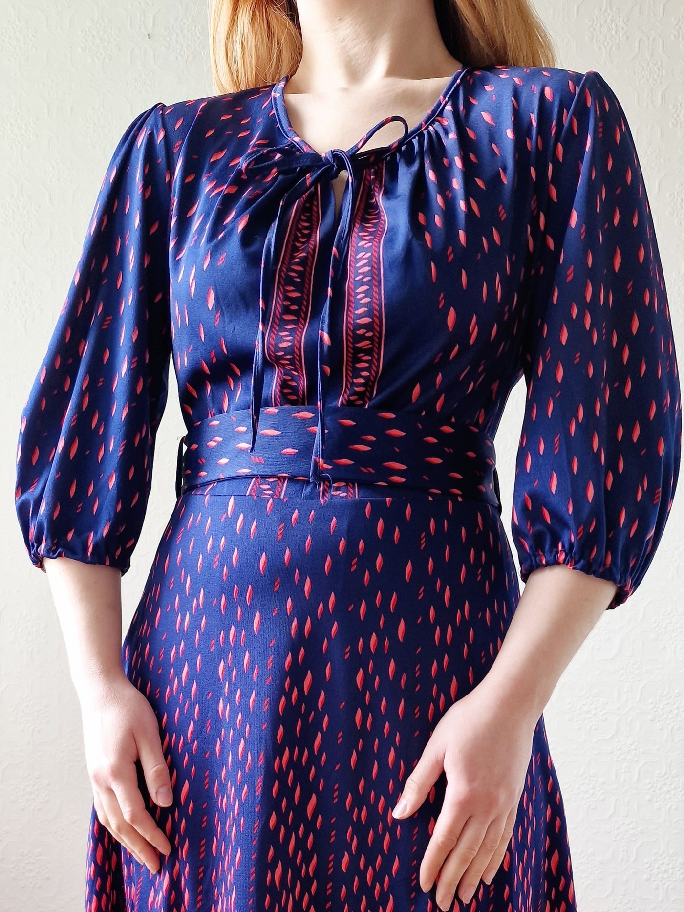 Vintage 70s Navy Blue Midi Dress with Puff Sleeves - S/M