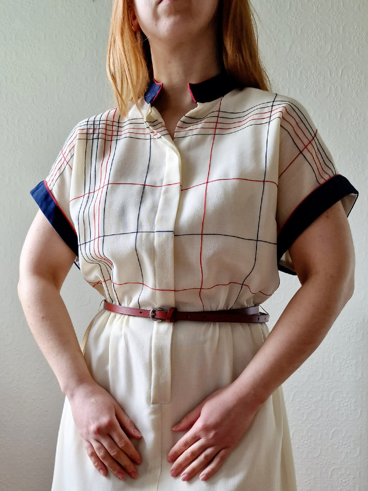 Vintage 70s Cream Shirt Dress with Short Sleeves - M