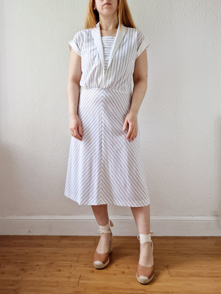 Vintage 70s Handmade White Pinstripe A-Line Midi Dress - S/M