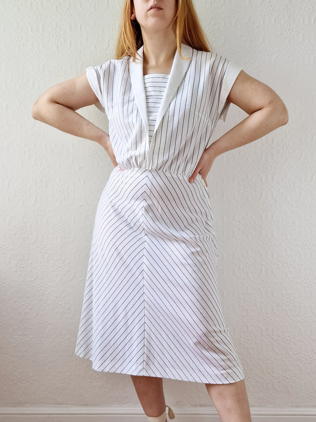 Vintage 70s Handmade White Pinstripe A-Line Midi Dress - S/M