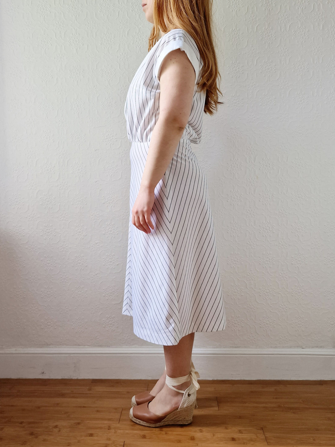 Vintage 70s Handmade White Pinstripe A-Line Midi Dress - S/M