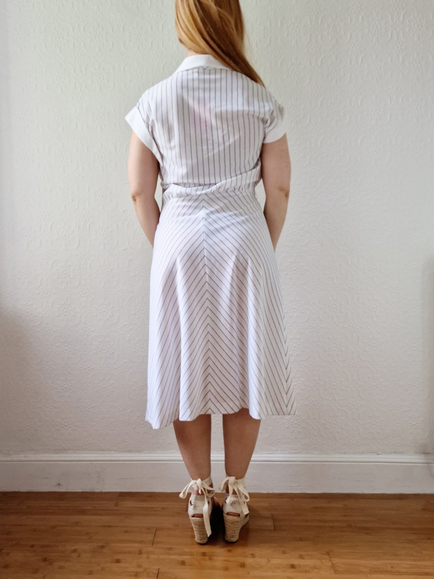 Vintage 70s Handmade White Pinstripe A-Line Midi Dress - S/M
