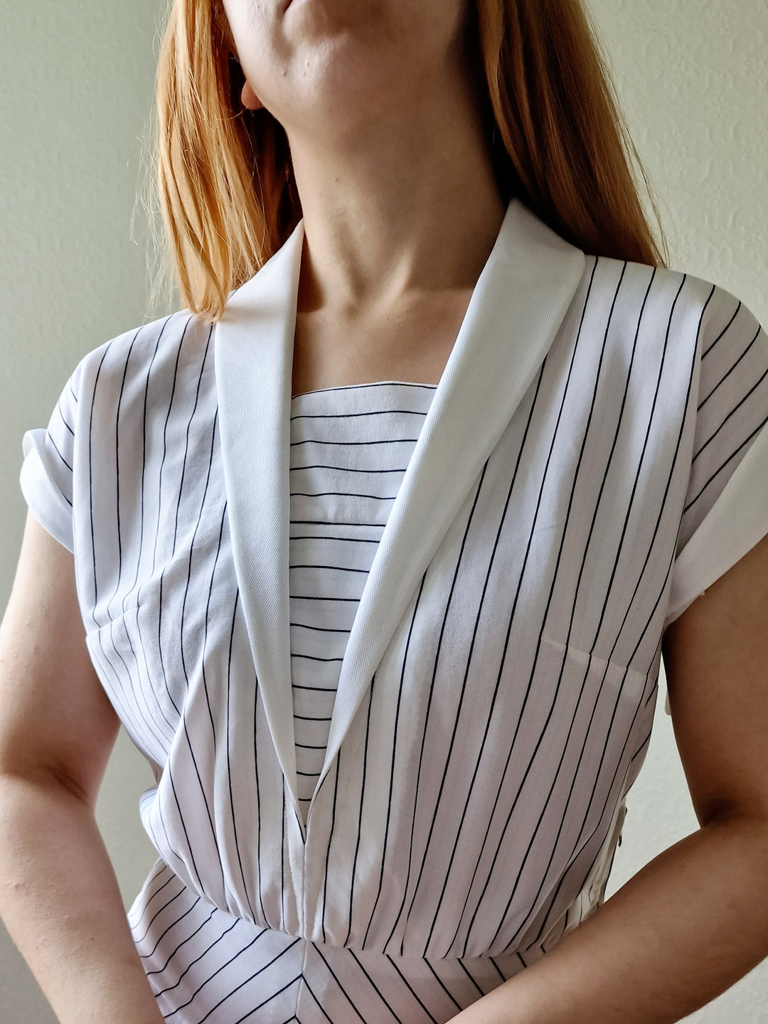 Vintage 70s Handmade White Pinstripe A-Line Midi Dress - S/M