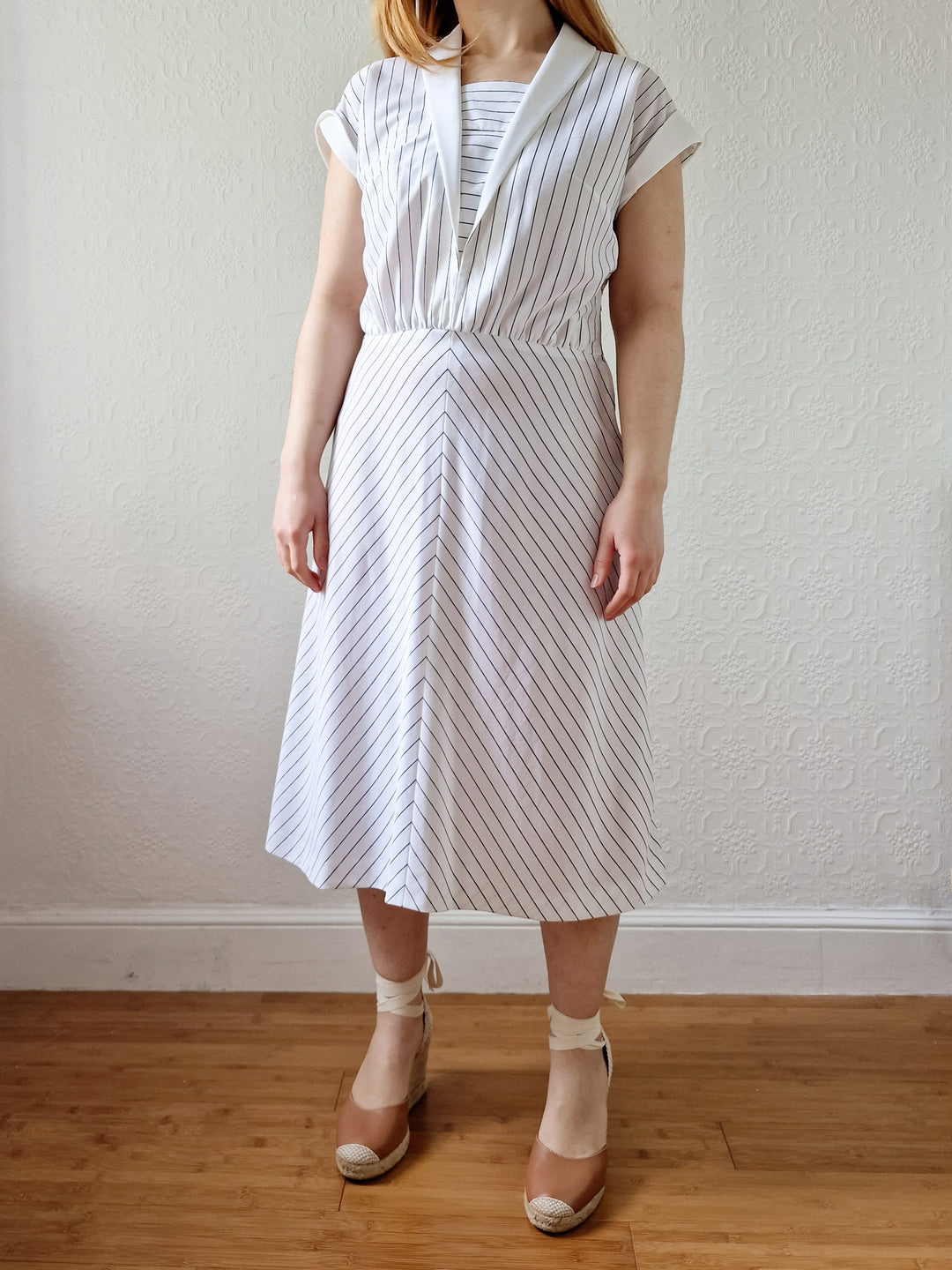 Vintage 70s Handmade White Pinstripe A-Line Midi Dress - S/M