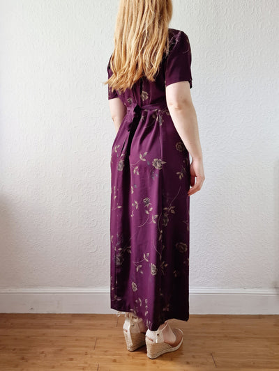 Vintage 90s Deep Purple Floral Midi Dress with Short Sleeves - S/M