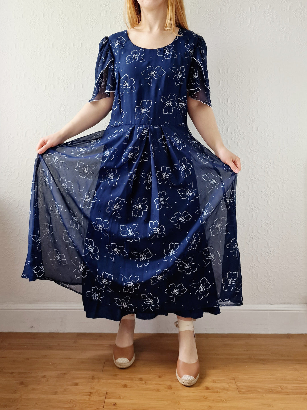 Vintage 70s Navy Blue Floral Midi Shift Dress - L