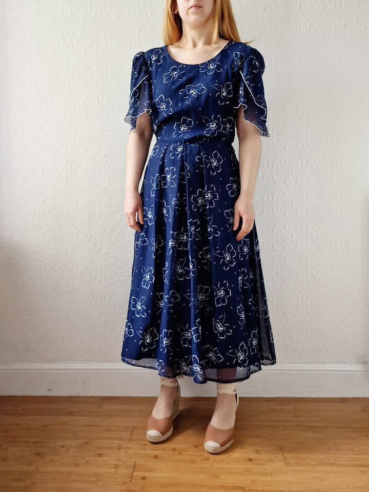 Vintage 70s Navy Blue Floral Midi Shift Dress - L