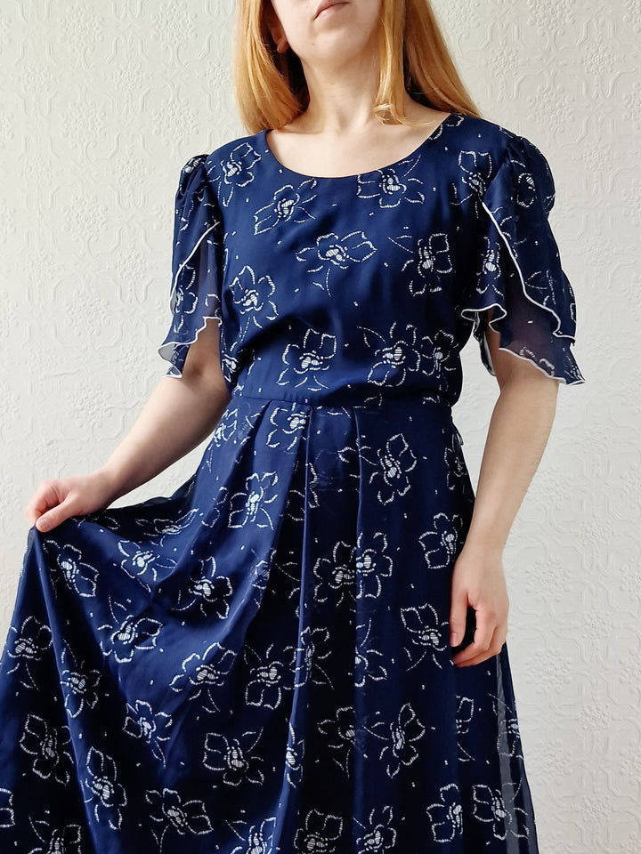 Vintage 70s Navy Blue Floral Midi Shift Dress - L