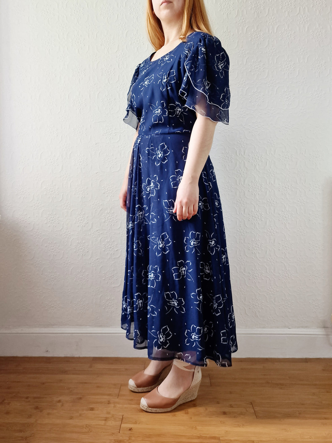 Vintage 70s Navy Blue Floral Midi Shift Dress - L