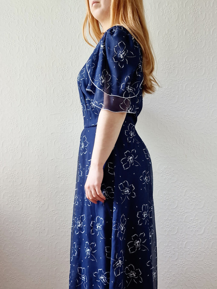 Vintage 70s Navy Blue Floral Midi Shift Dress - L