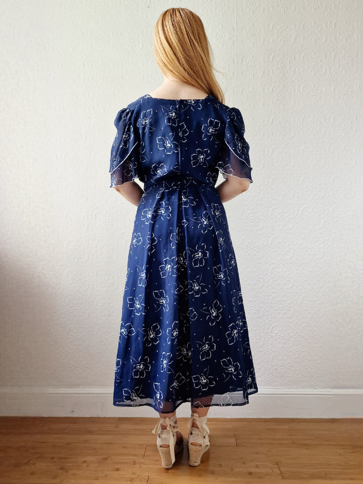 Vintage 70s Navy Blue Floral Midi Shift Dress - L