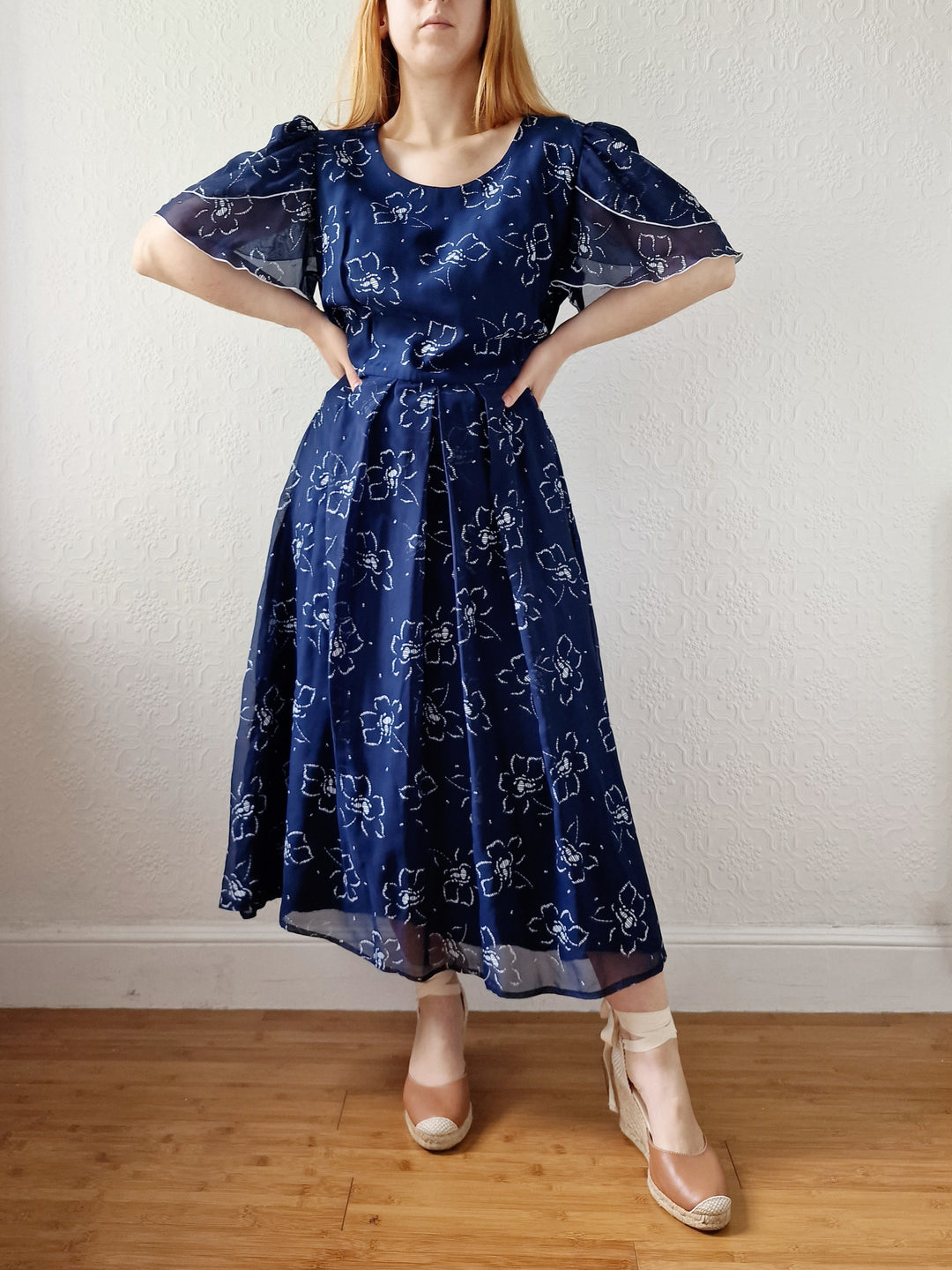 Vintage 70s Navy Blue Floral Midi Shift Dress - L