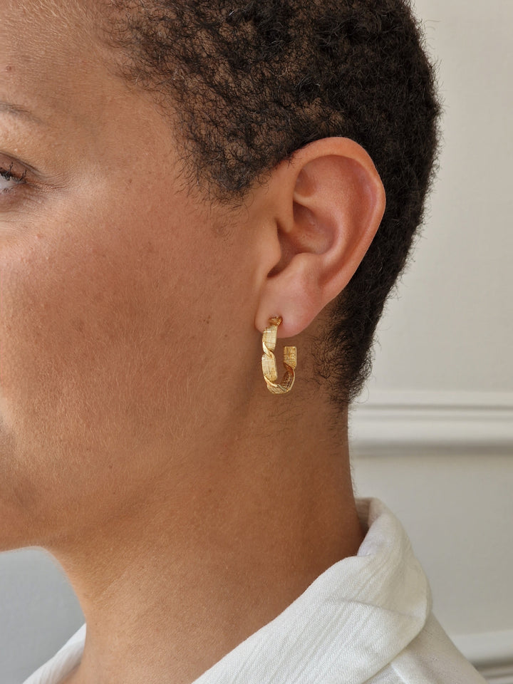 Vintage Gold Plated Textured Twist Hoop Earrings