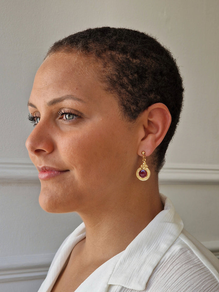 Vintage Gold Plated Round Drop Earrings with Dark Red Enamel