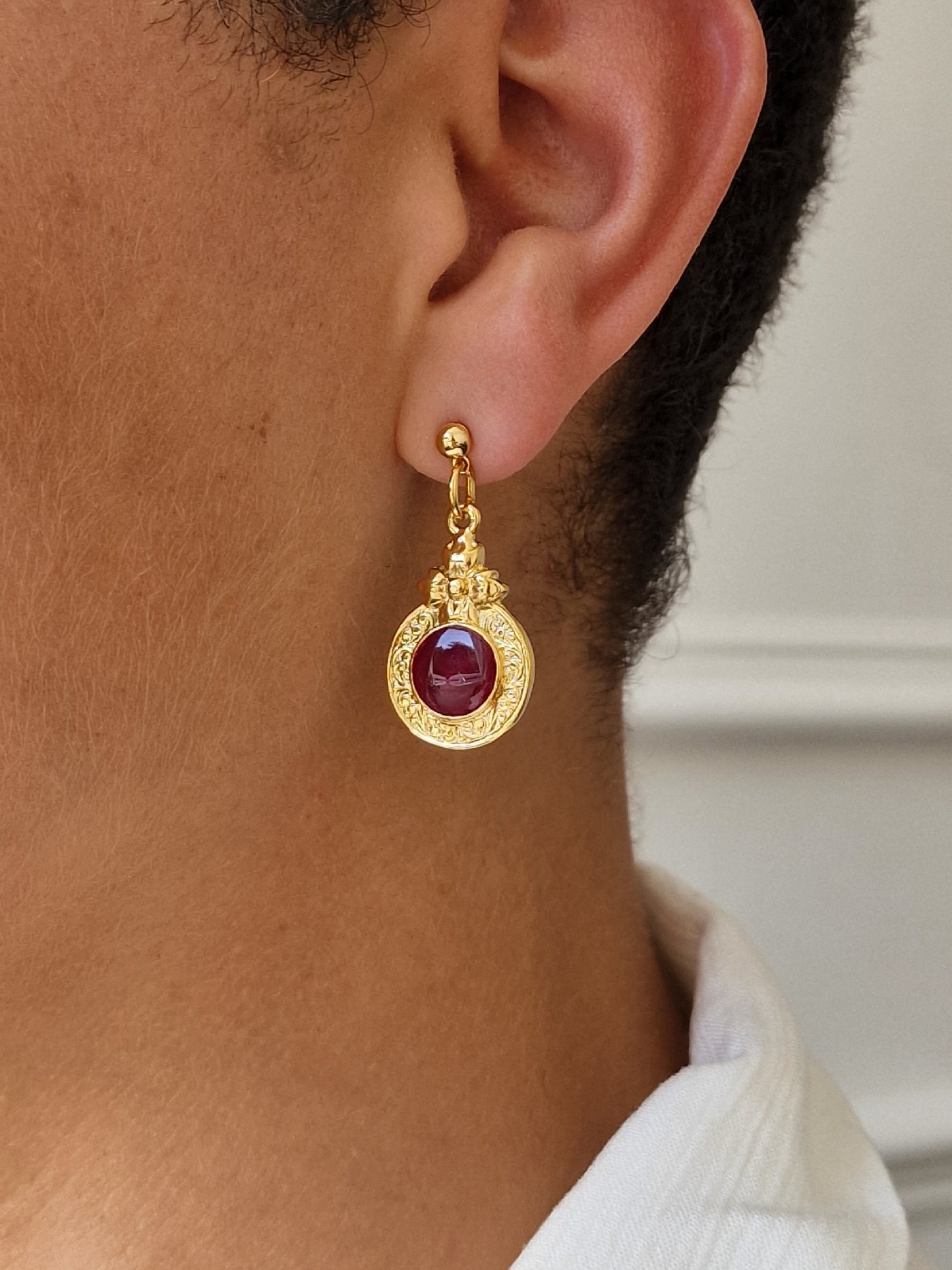 Vintage Gold Plated Round Drop Earrings with Dark Red Enamel