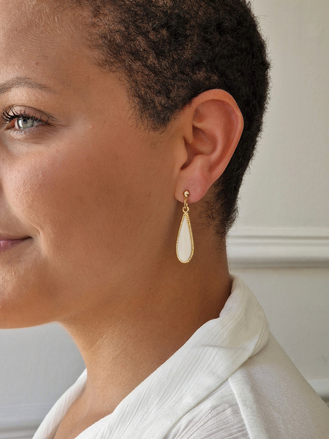 Vintage Gold Plated White Enamel Drop Earrings