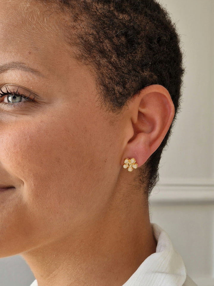 Vintage 80s Gold Plated Flower Enamel Stud Earrings