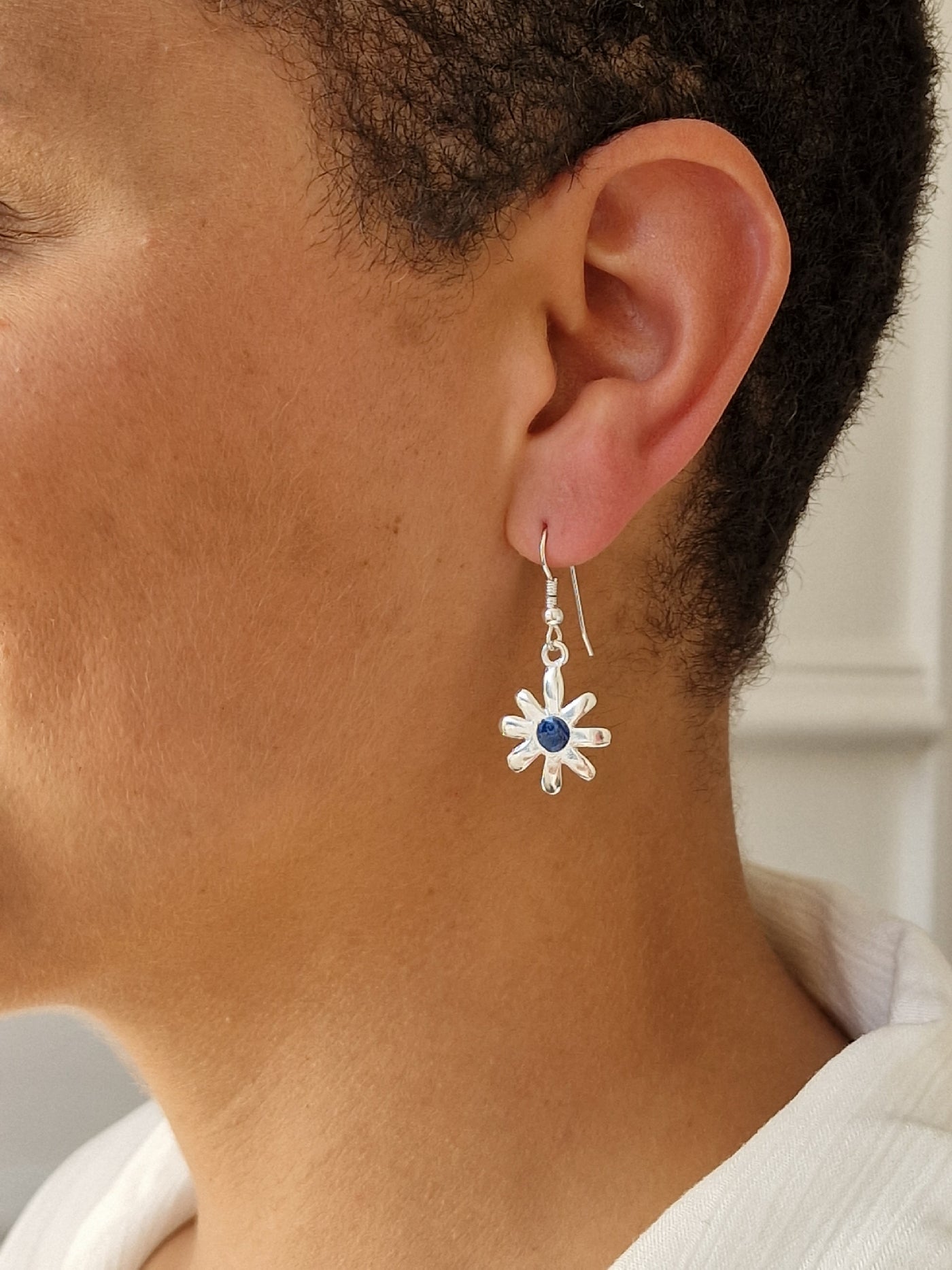 Vintage Silver Plated Flower Charm Drop Earrings with Blue Enamel
