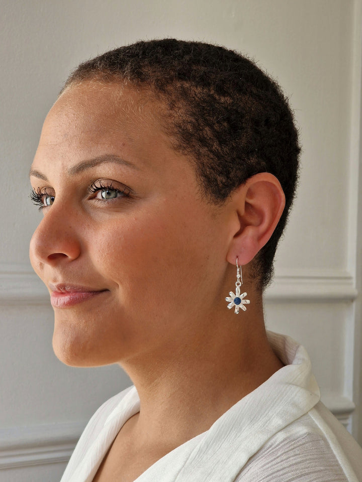 Vintage Silver Plated Flower Charm Drop Earrings with Blue Enamel