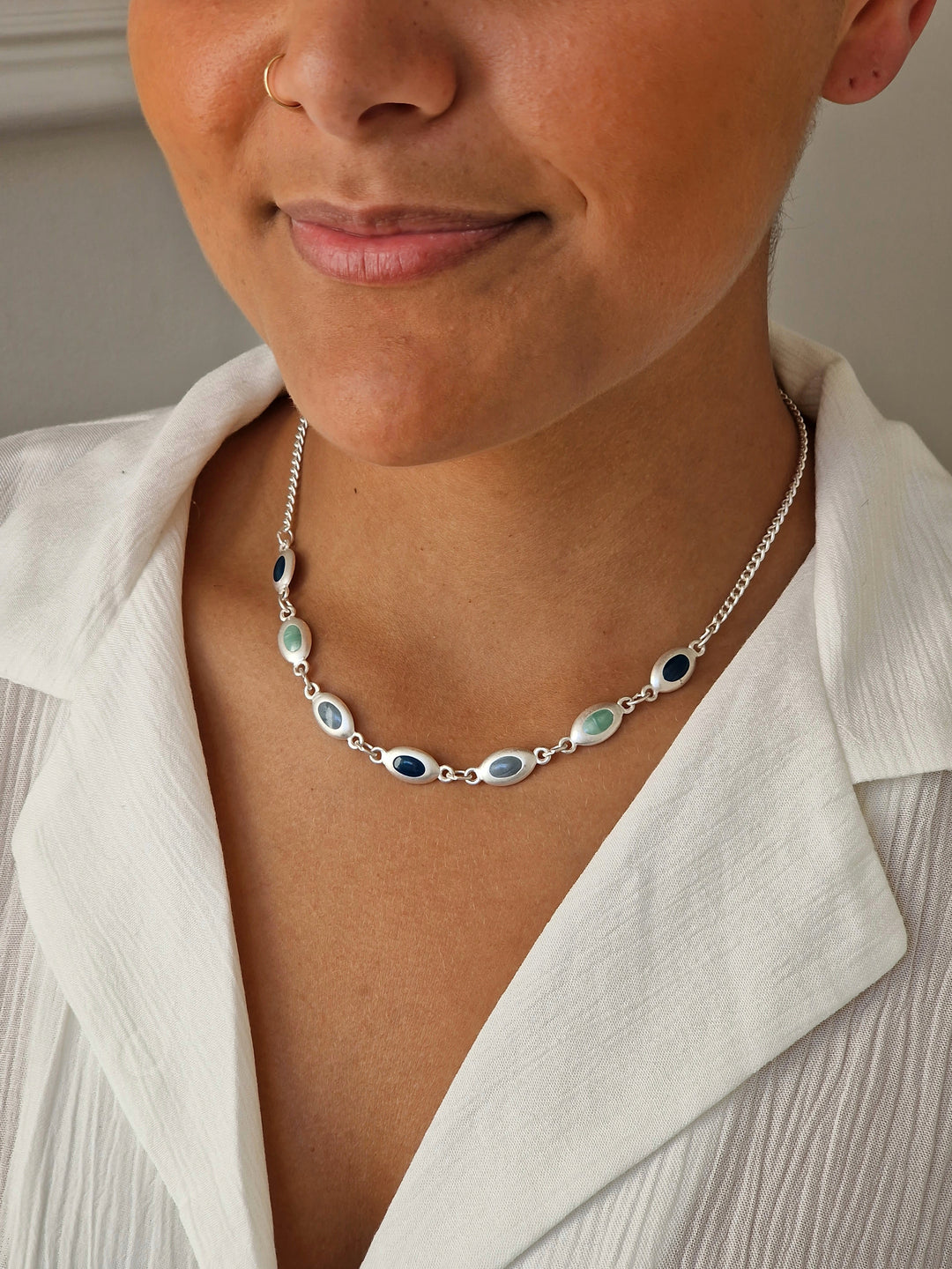 Vintage Silver Plated Curb Chain Necklace with Blue Enamel