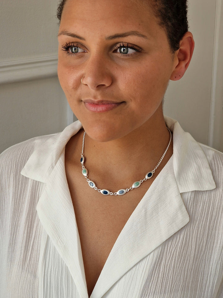 Vintage Silver Plated Curb Chain Necklace with Blue Enamel