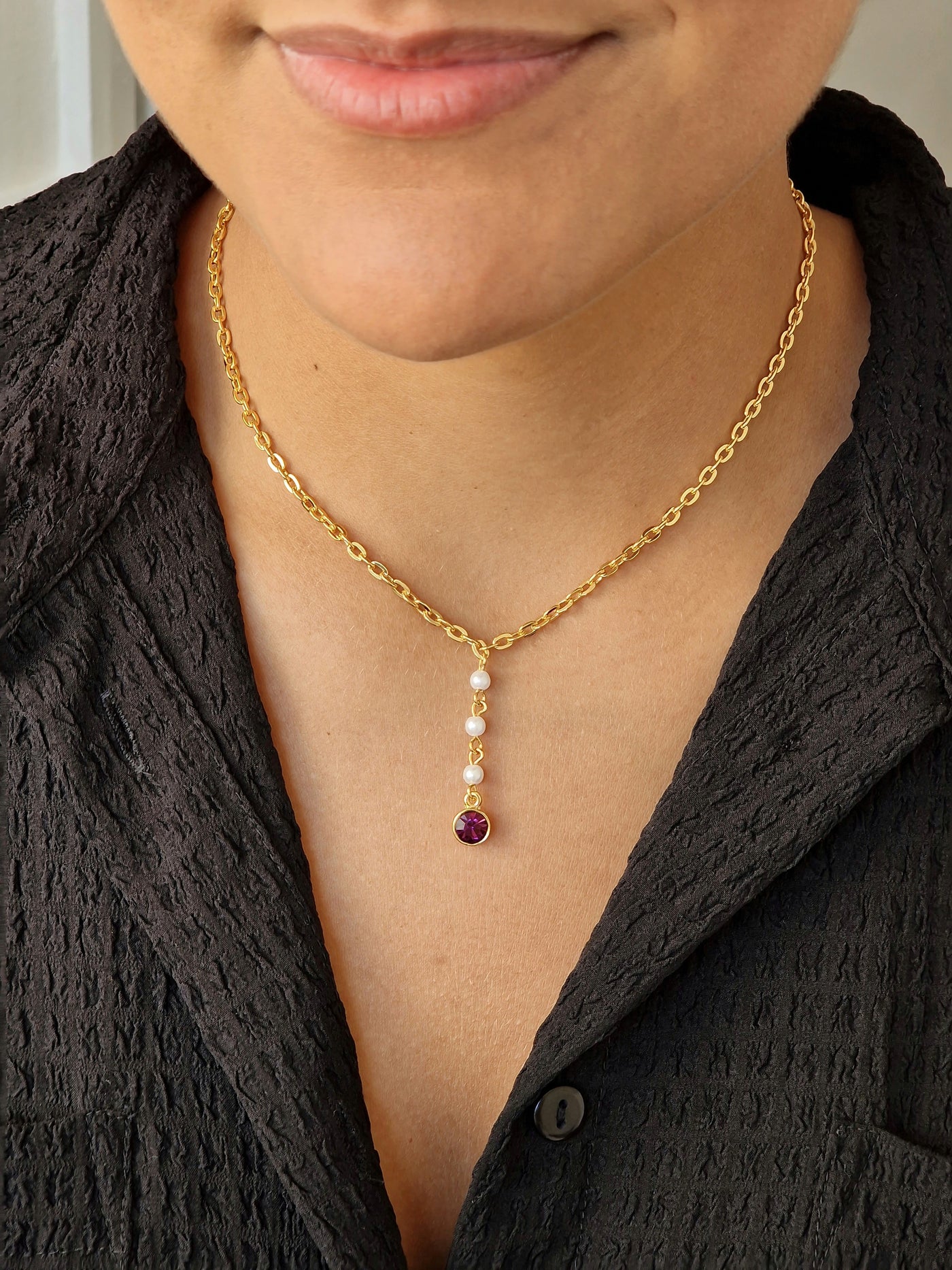 Vintage Gold Plated Cable Chain Pendant Necklace with a Purple Crystal and Pearl Charm