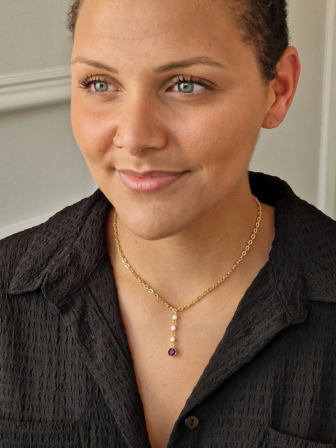 Vintage Gold Plated Cable Chain Pendant Necklace with a Purple Crystal and Pearl Charm