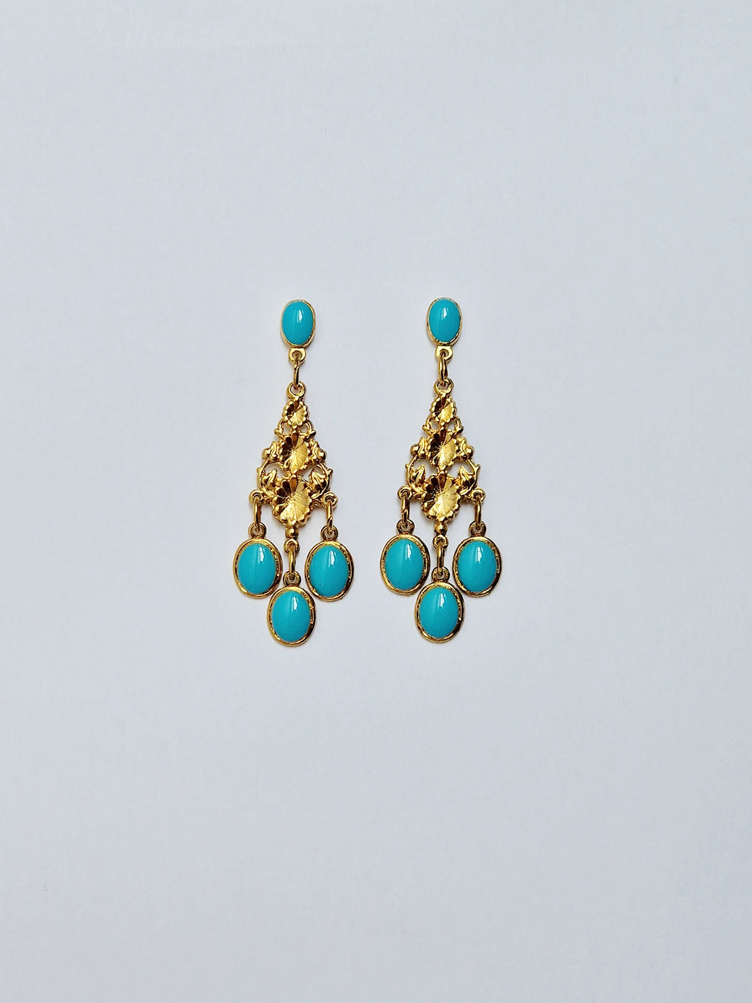 Vintage 80s Gold Plated Turquoise Enamel Boho Drop Earrings