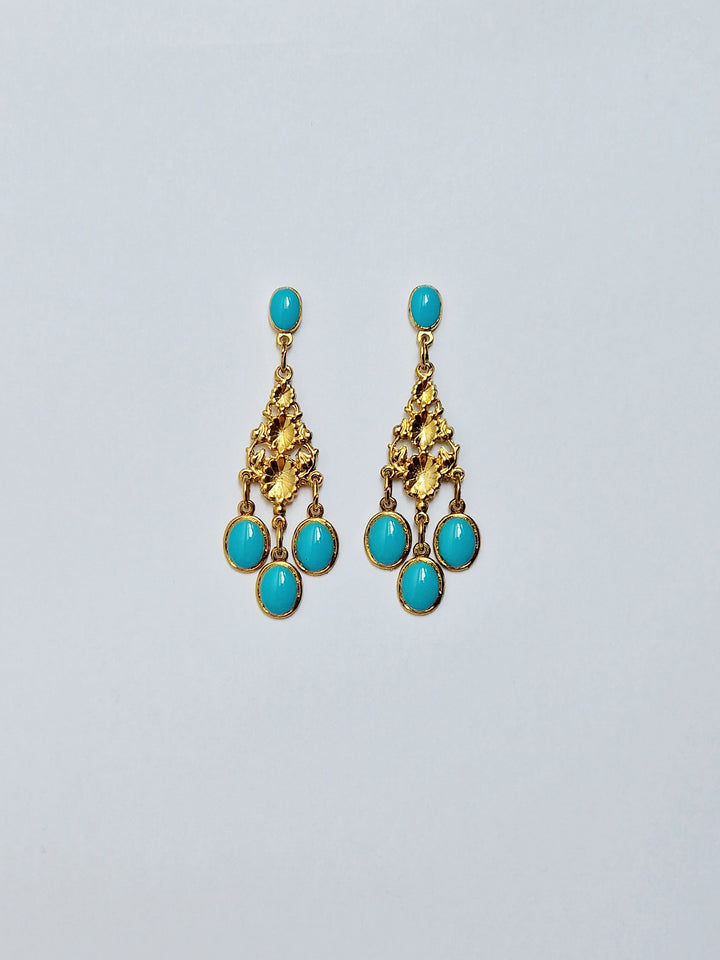 Vintage 80s Gold Plated Turquoise Enamel Boho Drop Earrings