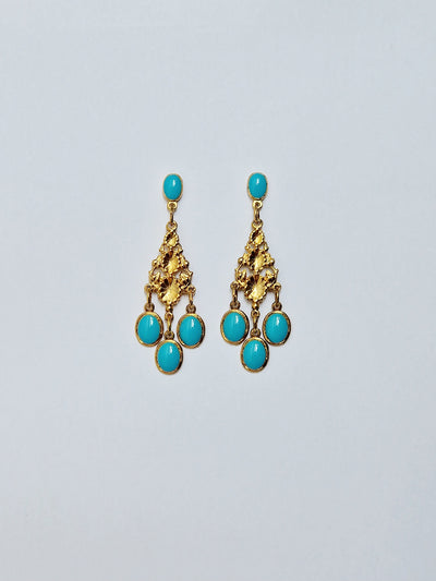 Vintage 80s Gold Plated Turquoise Enamel Boho Drop Earrings
