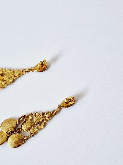 Vintage 80s Gold Plated Turquoise Enamel Boho Drop Earrings