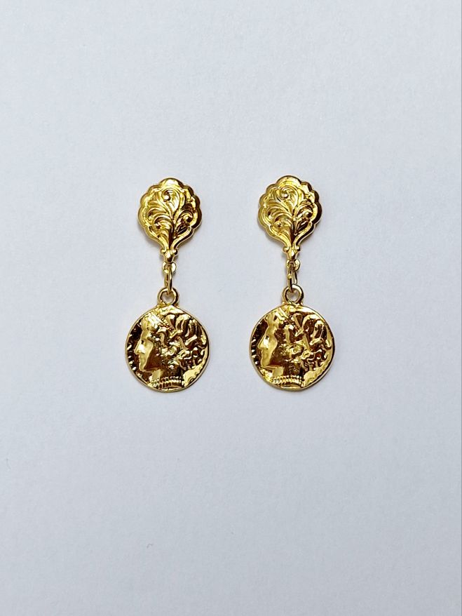 Vintage Gold Plated Ornate Ancient Greek Coin Drop Earrings