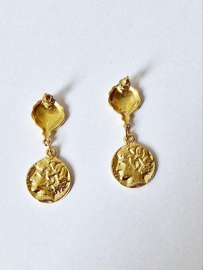 Vintage Gold Plated Ornate Ancient Greek Coin Drop Earrings