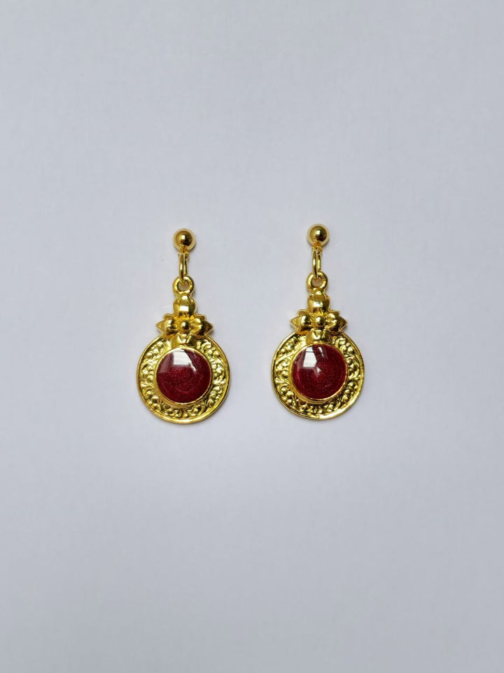 Vintage Gold Plated Round Drop Earrings with Dark Red Enamel