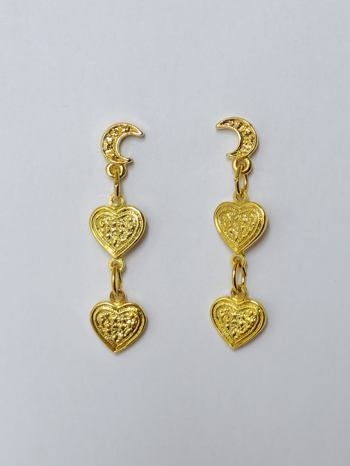 Vintage Gold Plated Crescent Moon & Heart Drop Earrings