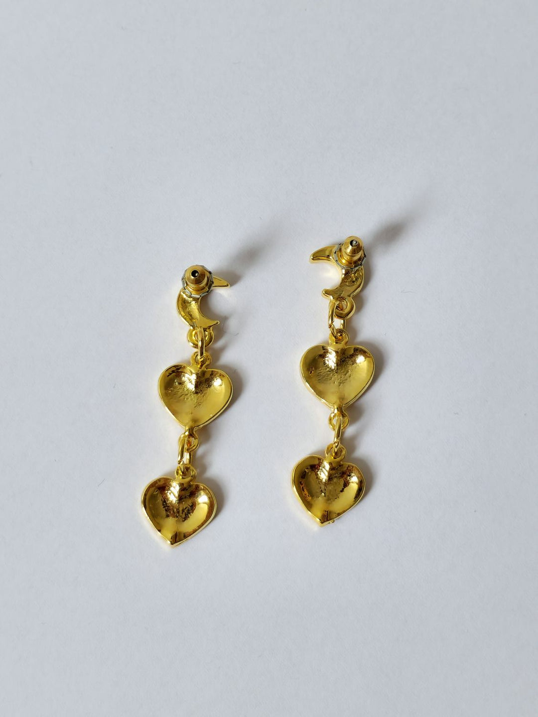 Vintage Gold Plated Crescent Moon & Heart Drop Earrings