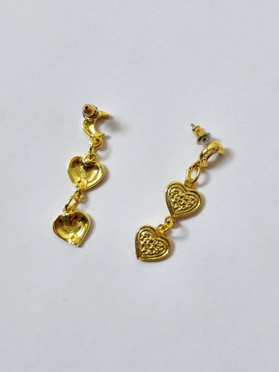 Vintage Gold Plated Crescent Moon & Heart Drop Earrings