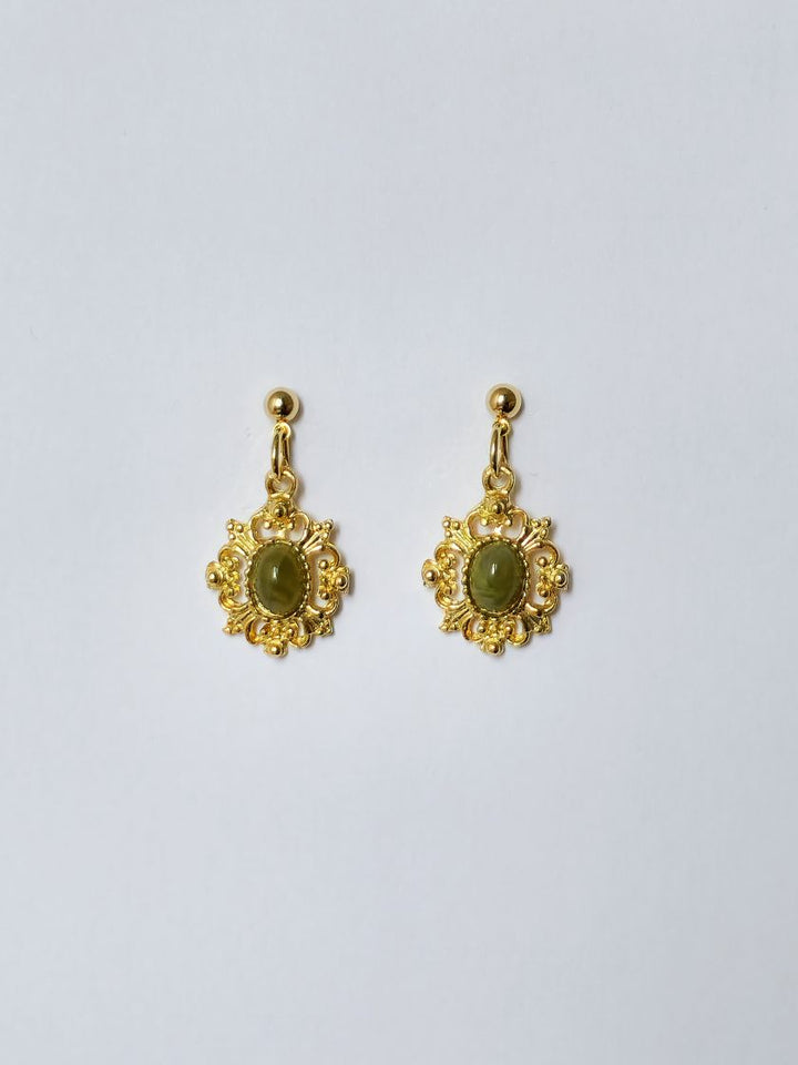 Vintage Gold Plated Victorian Style Ornate Drop Earrings with Faux Jade Stone