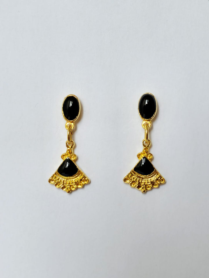 Vintage Gold Plated Art Deco Style Ornate Drop Earrings with Black Enamel