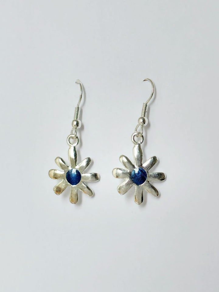 Vintage Silver Plated Flower Charm Drop Earrings with Blue Enamel