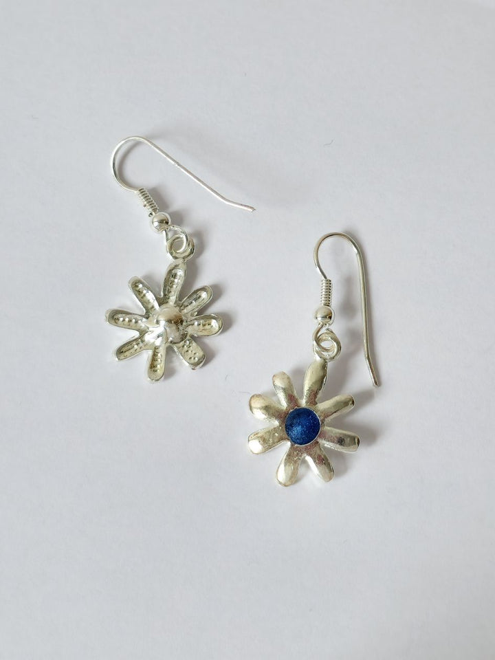 Vintage Silver Plated Flower Charm Drop Earrings with Blue Enamel