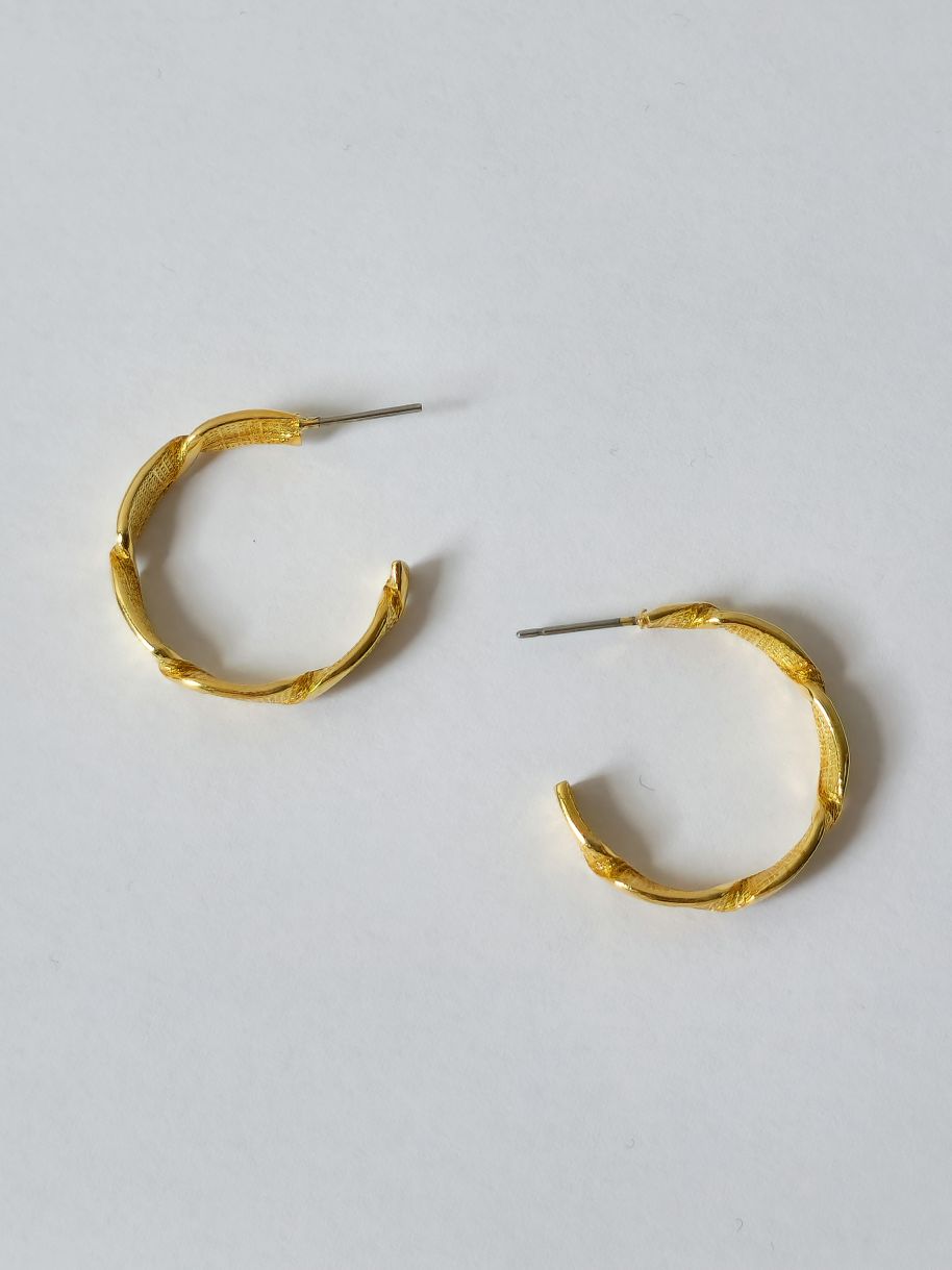 Vintage Gold Plated Textured Twist Hoop Earrings