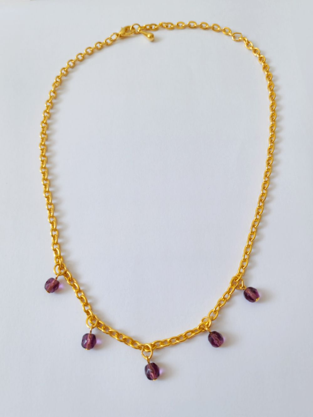 Vintage Gold Plated Cable Chain Necklace with Purple Charms