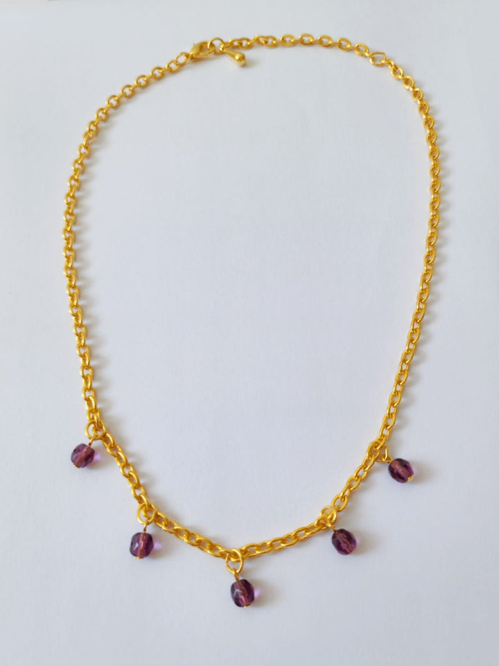 Vintage Gold Plated Cable Chain Necklace with Purple Charms