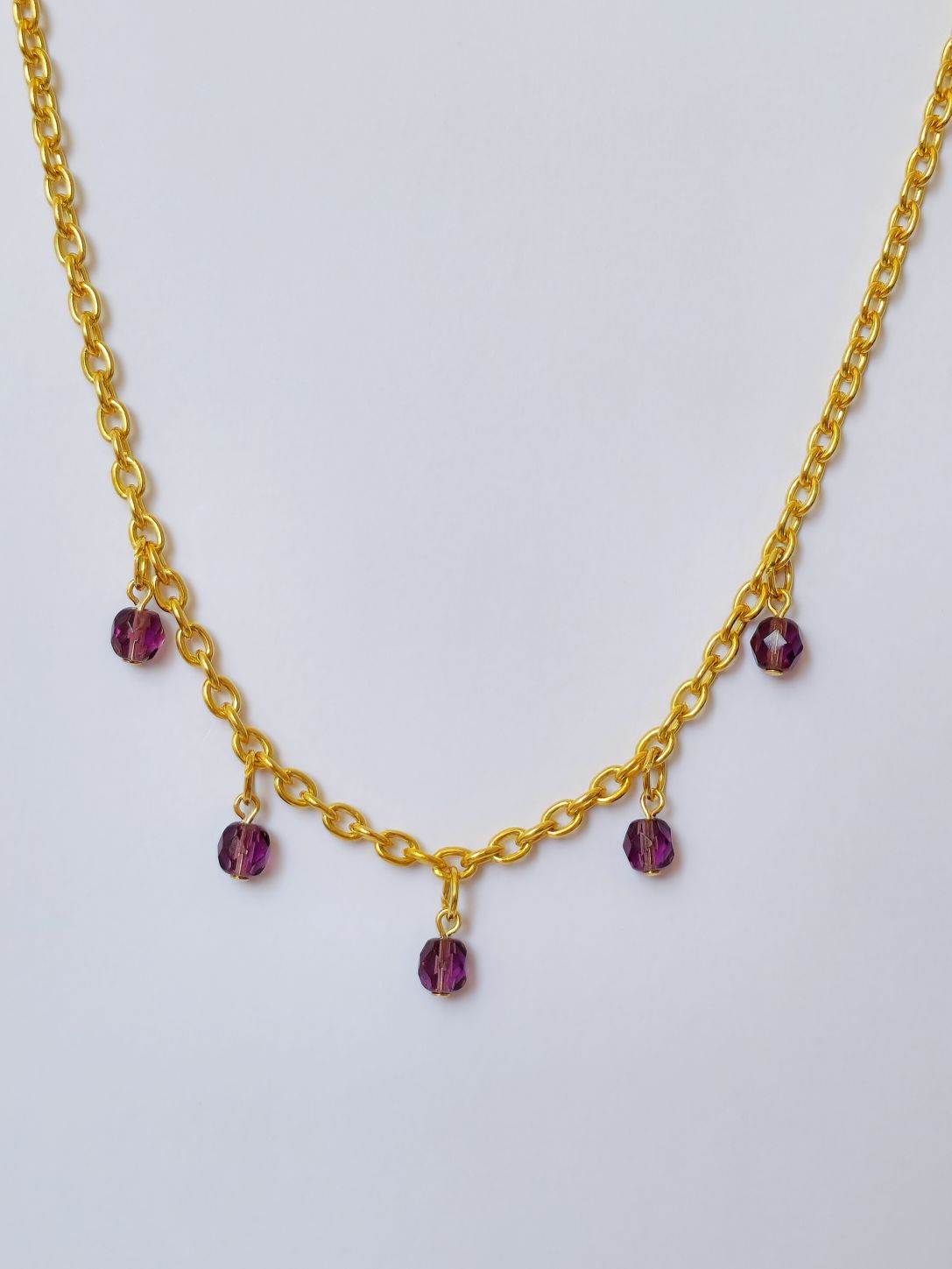 Vintage Gold Plated Cable Chain Necklace with Purple Charms