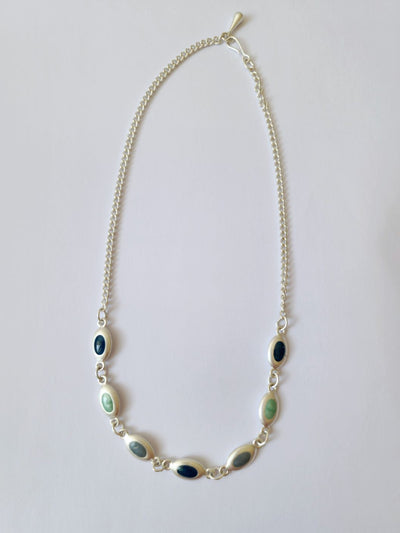 Vintage Silver Plated Curb Chain Necklace with Blue Enamel