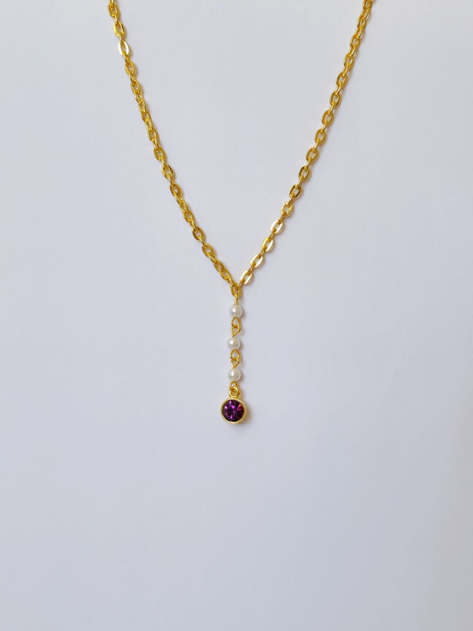 Vintage Gold Plated Cable Chain Pendant Necklace with a Purple Crystal and Pearl Charm