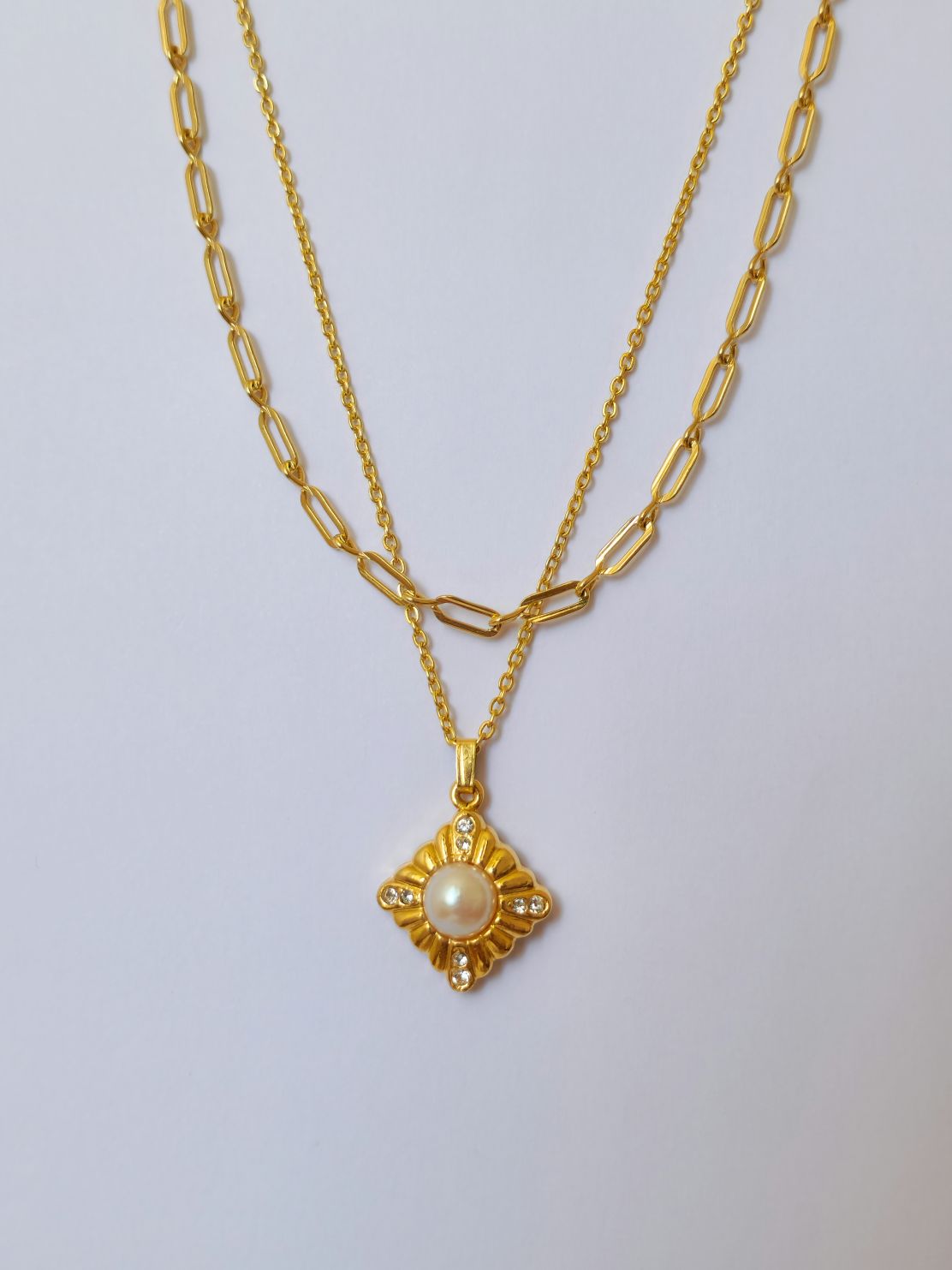 Vintage Gold Plated Thin Cable Chain Pendant Necklace with Pearl and Crystals