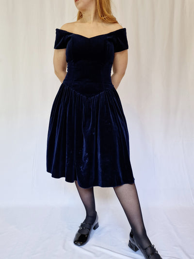 Vintage 90s Navy Blue Velvet Party Dress - M