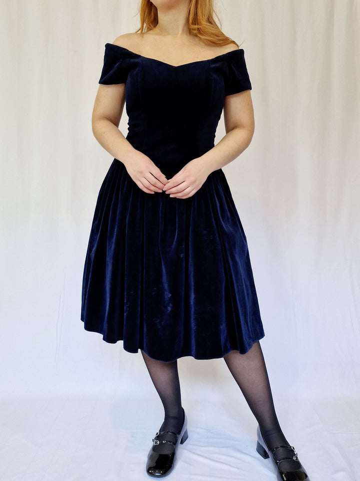 Vintage 90s Navy Blue Velvet Party Dress - M